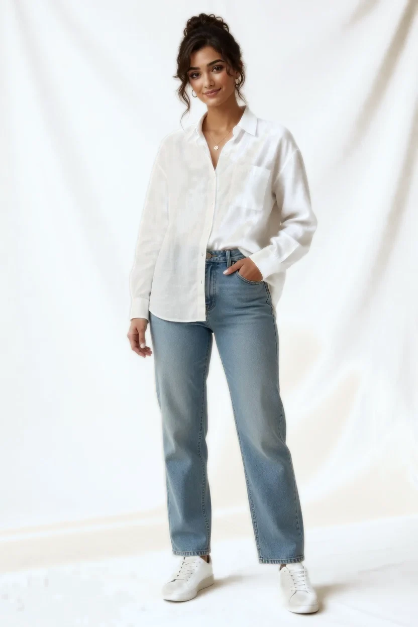 A white cotton shirt with light denim and white trainers