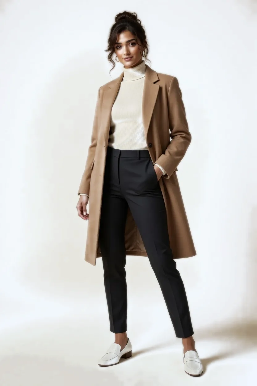 A camel overcoat over a cream roll-neck and black tailored trousers
