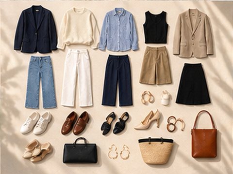 A capsule of jeans, blazers, shoes and bags arranged in a grid
