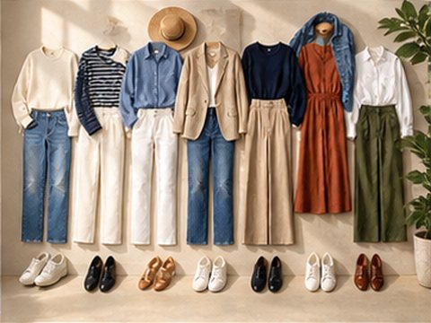Seven outfits laid out in a row for the week ahead