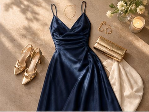 A navy velvet slip dress laid out with gold heels, a clutch and jewellery