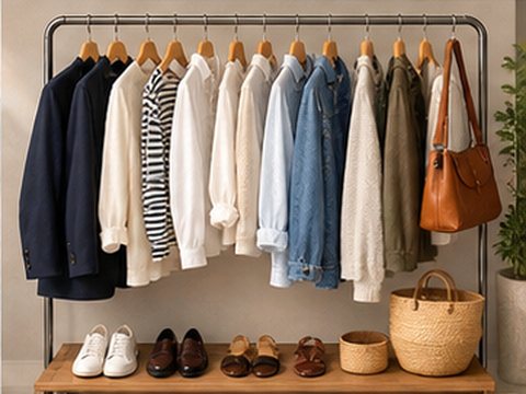 A rail of coats, shirts and knitwear with shoes and baskets below